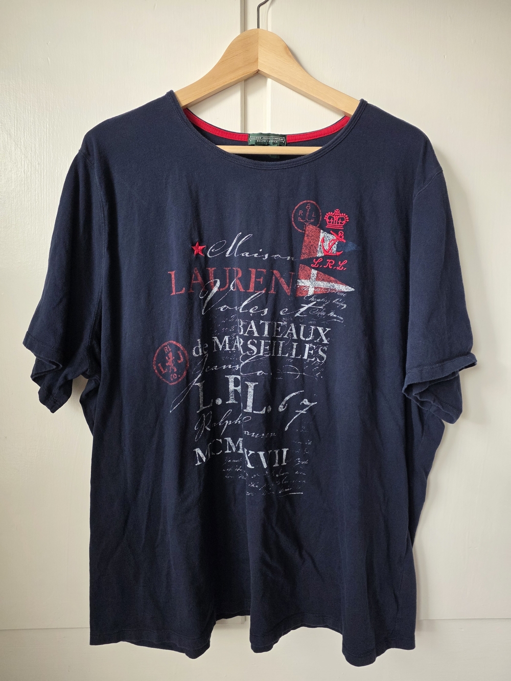 LRL Ralph Lauren Navy Short Sleeve 100% Cotton Vintage Graphic Tee Red Accents